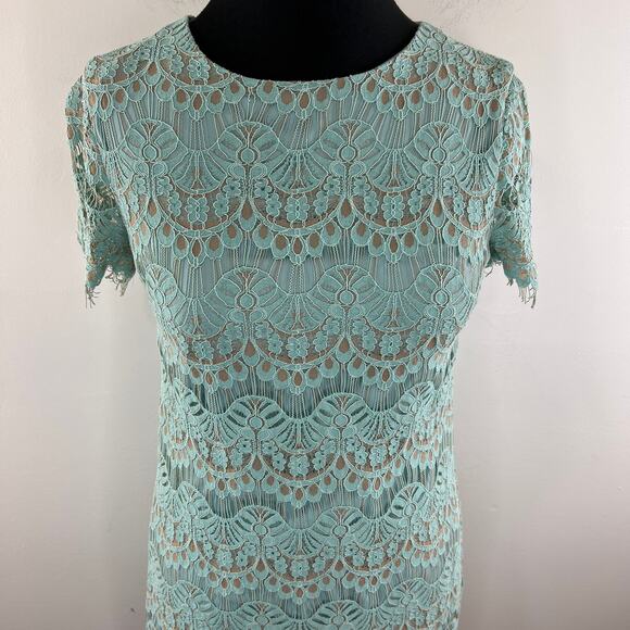 Cynthia Steffe Light Blue Short Sleeve Lace Overlay Women's Shift Dress Size 2 - Picture 2 of 10
